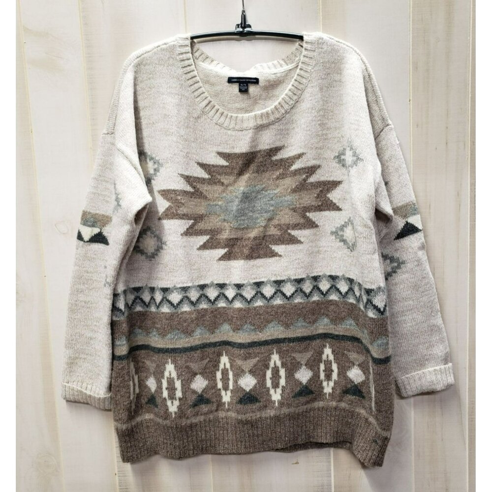 American Eagle Sweater, Tan Brown Aztec Southwest Print, XL, Wool Blend, 2015